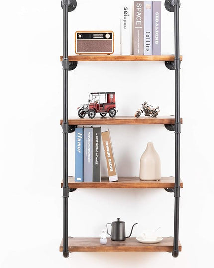 Industrial Wall Mounted Pipe Shelving,Rustic Metal Floating Shelves,Steampunk Real Wood Bookcases,DIY Bookshelf Hanging Shelves,Farmhouse Kitchen Bar Office Home Storage (5-Tier with 4 Boards,24in) - LeafyLoom