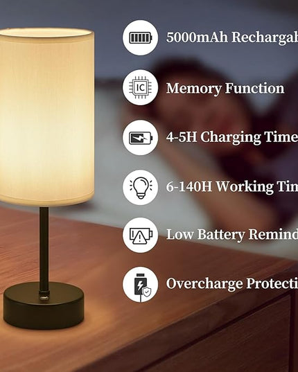 Cordless Table Lamp, Built-in 5000mAh Fast Rechargeable Table Lamp Cordless,Stepless Dimmable Battery Powered Lamp, Wireless Lamp with Memory Function, Lasting 140+H,Black - LeafyLoom