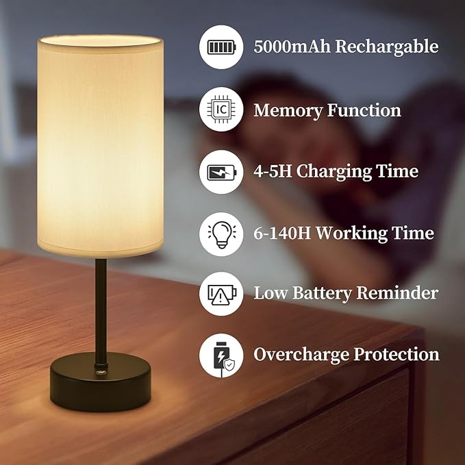 Cordless Table Lamp, Built-in 5000mAh Fast Rechargeable Table Lamp Cordless,Stepless Dimmable Battery Powered Lamp, Wireless Lamp with Memory Function, Lasting 140+H,Black - LeafyLoom