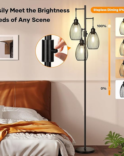 Dimmable Floor Lamp, 3 x 800LM LED Edison Bulbs Included, Farmhouse Industrial Floor Lamp Standing Tree Lamp with Elegant Teardrop Cage Tall Lamps for Living Room Bedroom Office Dining Room-Black - LeafyLoom