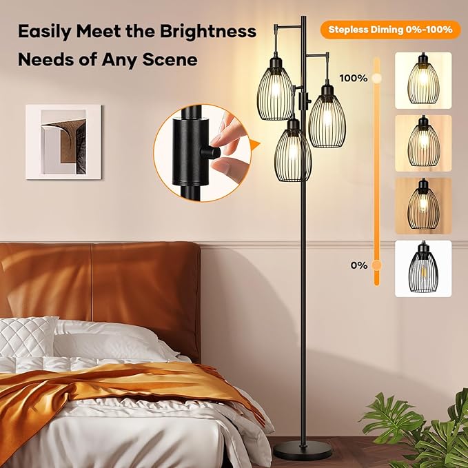 Dimmable Floor Lamp, 3 x 800LM LED Edison Bulbs Included, Farmhouse Industrial Floor Lamp Standing Tree Lamp with Elegant Teardrop Cage Tall Lamps for Living Room Bedroom Office Dining Room-Black - LeafyLoom