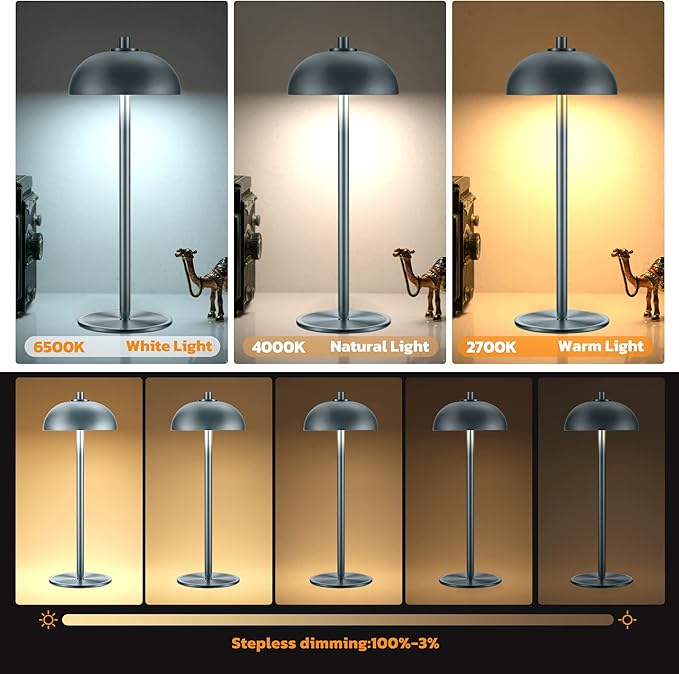Rechargeable Cordless Table Lamp 2 Pack - 5000mAh Battery Powered Lamp, 3 Color Stepless Dimming LED Table Light with Memory Function for Indoor, Outdoor, Dinner, Patio, Cafe.(Grey) - LeafyLoom