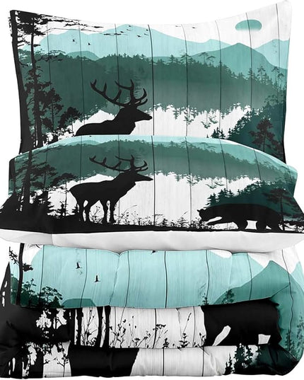 LUVIVIHOME 2PCS Black Bear Deer Comforter Set Twin Size, Rustic Cabin Bedding Teal Mountain Pine Tree Woodland Forest Animal Wildlife Hunting Lodge Quilt Country Farmhouse Bedroom Decor, 1 Pillow Sham - LeafyLoom