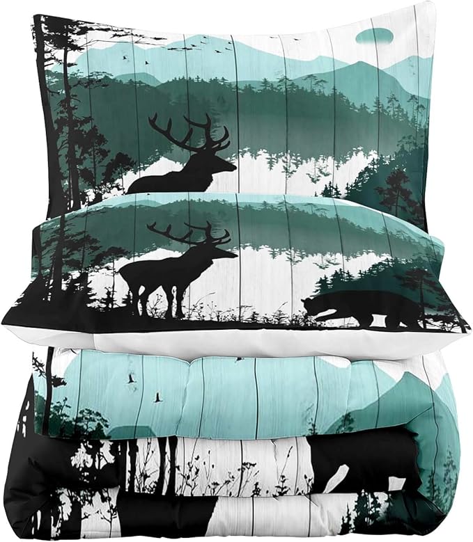 LUVIVIHOME 2PCS Black Bear Deer Comforter Set Twin Size, Rustic Cabin Bedding Teal Mountain Pine Tree Woodland Forest Animal Wildlife Hunting Lodge Quilt Country Farmhouse Bedroom Decor, 1 Pillow Sham - LeafyLoom