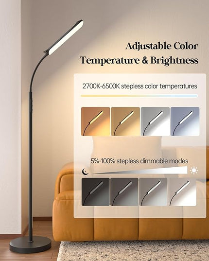 LED Floor Lamp, 18W Super Bright Floor Lamp for Living Room, Adjustable Stepless Colors & Brightness Gooseneck Standing Lamp, Eye Caring Reading Light with Remote& Touch Control for Bedroom Office - LeafyLoom