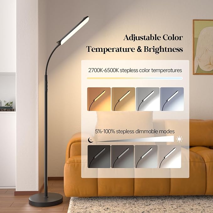 LED Floor Lamp, 18W Super Bright Floor Lamp for Living Room, Adjustable Stepless Colors & Brightness Gooseneck Standing Lamp, Eye Caring Reading Light with Remote& Touch Control for Bedroom Office - LeafyLoom