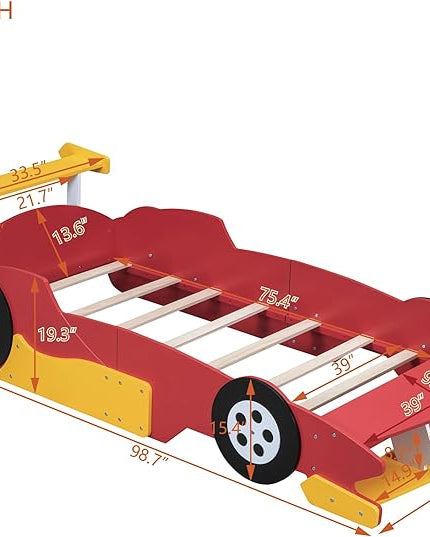 Twin Size Racecar Bed for Big Boys,Wood Platform Bedframe with Wheels & Safety Guardrail,Slats Support,Easy Assembly,Toddlers Kids Car Floor Beds for Fun Children's Bedroom,Red - LeafyLoom