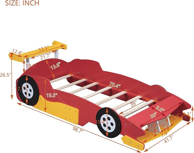 Twin Size Racecar Bed for Big Boys,Wood Platform Bedframe with Wheels & Safety Guardrail,Slats Support,Easy Assembly,Toddlers Kids Car Floor Beds for Fun Children's Bedroom,Red - LeafyLoom