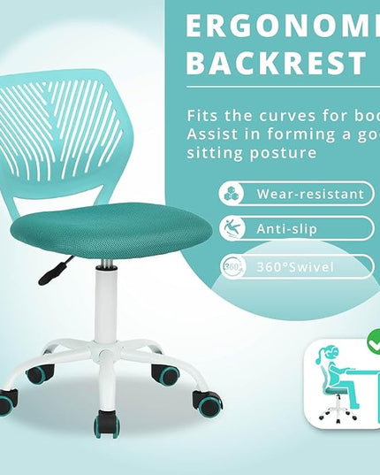FurnitureR Writing Task Chair 360 Swivel,Low Mid PP Mesh Back Fabric Seat, Height Adjustable, Rolling Castor,W15.7”xD15.2”x H29.5-34.2",Turquoise - LeafyLoom