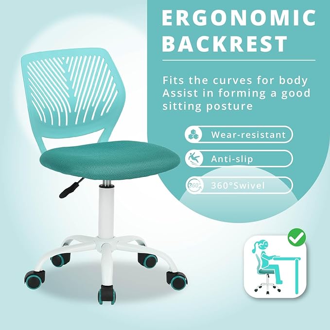 FurnitureR Writing Task Chair 360 Swivel,Low Mid PP Mesh Back Fabric Seat, Height Adjustable, Rolling Castor,W15.7”xD15.2”x H29.5-34.2",Turquoise - LeafyLoom