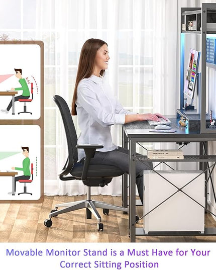 armocity 2024 Upgrade Gaming Desk with Hutch, 48'' Magic Computer Desk with LED and Outlets, Reversible Workstation Desk with Pegboard, Grey/Black - LeafyLoom