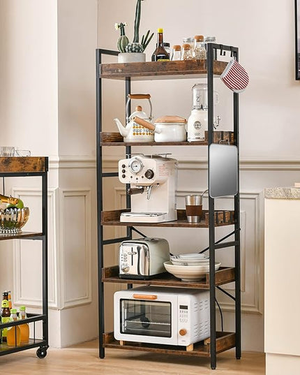 HCHQHS Adjustable 5 Tier Open Bookcase, Rustic Farmhouse Book Shelves, Industrial Wood and Black Metal Bookshelves, Mid Century Bookcase for Home Office Living Room Bedroom - LeafyLoom