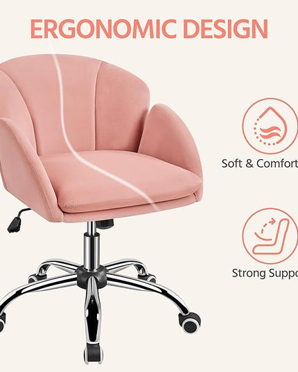 Yaheetech Cute Velvet Desk Chair for Home Office, Makeup Vanity Chair with Armrests for Bedroom Modern Swivel Rolling Chair for Women Pink - LeafyLoom