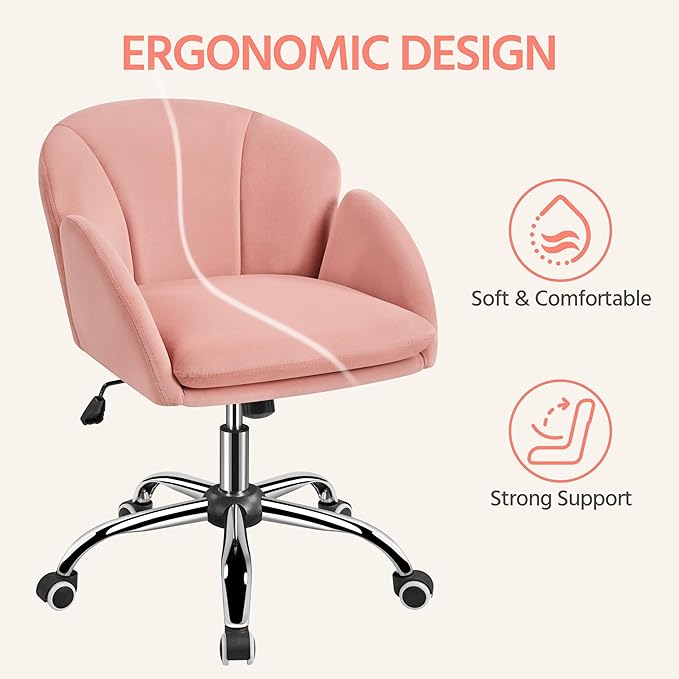 Yaheetech Cute Velvet Desk Chair for Home Office, Makeup Vanity Chair with Armrests for Bedroom Modern Swivel Rolling Chair for Women Pink - LeafyLoom