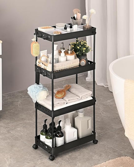 TOOLF 4 Tier Utility Cart with Wheels, Rolling Cart with Adjustable Divider & Hooks, Cart Organizer for Diaper Craft Snack, Narrow Storage Cart for Laundry Bedroom Bathroom Kitchen, Black - LeafyLoom