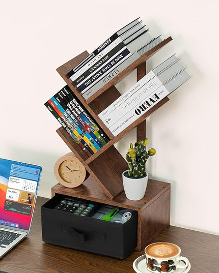 Small Bookshelf with Drawer,4 Tier Tree Book Shelf,Wood Desk Bookshelves,Modern Free Standing Desktop Display Shelves,Brown Floor Standing Organizer Bookcase for Living Room,Bedroom,Office - LeafyLoom