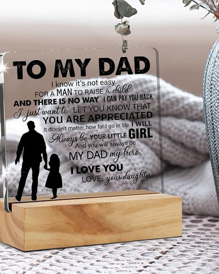 Father Gift Dad Gifts From Daughter, to My Dad My Hero Quote Desk Decor Acrylic Desk Plaque Sign with Wood Stand Home Office Desk Sign Keepsake Present - LeafyLoom