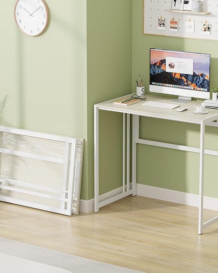 Folding Desk 32'' Computer Desk No Assembly Required Foldable Table Space Saving Writing Workstation for Home Office (Beige, White) - LeafyLoom