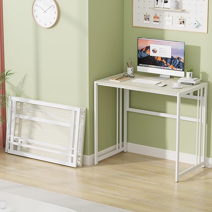 Folding Desk 32'' Computer Desk No Assembly Required Foldable Table Space Saving Writing Workstation for Home Office (Beige, White) - LeafyLoom