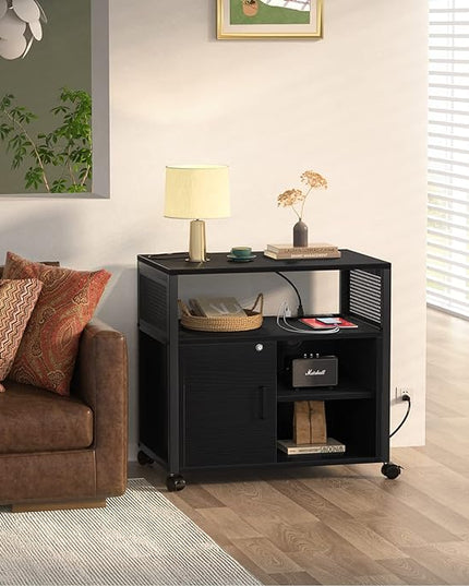 Unikito Lateral File Cabinet, Locking Office Filing Cabinets with Socket and USB Charging Port, Modern Rolling Printer Stand with Storage for A4, Letter Size and File Folders, Black - LeafyLoom