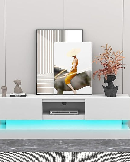 Glossy White LED TV Stand for 75 Inch TV, Modern TV Console Table with Storage and LED Lights, Gaming Media Entertainment Center for Living Room Bedroom (63 Inch, White) - LeafyLoom
