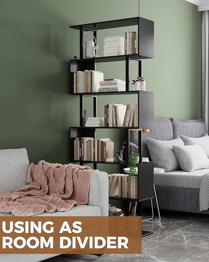 Gadroad 6 Tier Geometric Bookcase, Black Book Shelves, Modern Corner Bookcase Storage Shelf Wood for Bedroom, Living Room, Home Office, Black - LeafyLoom