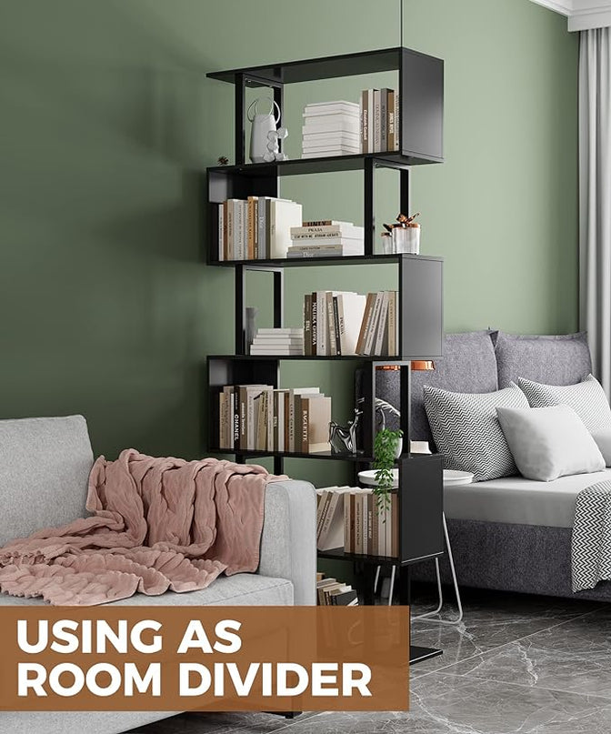 Gadroad 6 Tier Geometric Bookcase, Black Book Shelves, Modern Corner Bookcase Storage Shelf Wood for Bedroom, Living Room, Home Office, Black - LeafyLoom