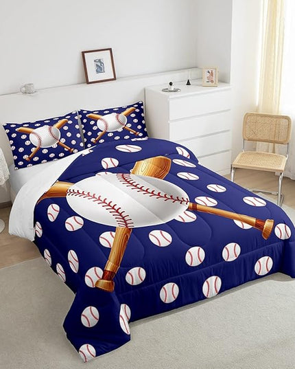 Baseball Comforter Set Sports Theme Bedding Set 3D Ball Pattern Comforter for Children Kids Boys Girls Microfiber Baseball Games Blue Duvet Set Room Decor Quilt Set Baseball Bat Print King Size - LeafyLoom