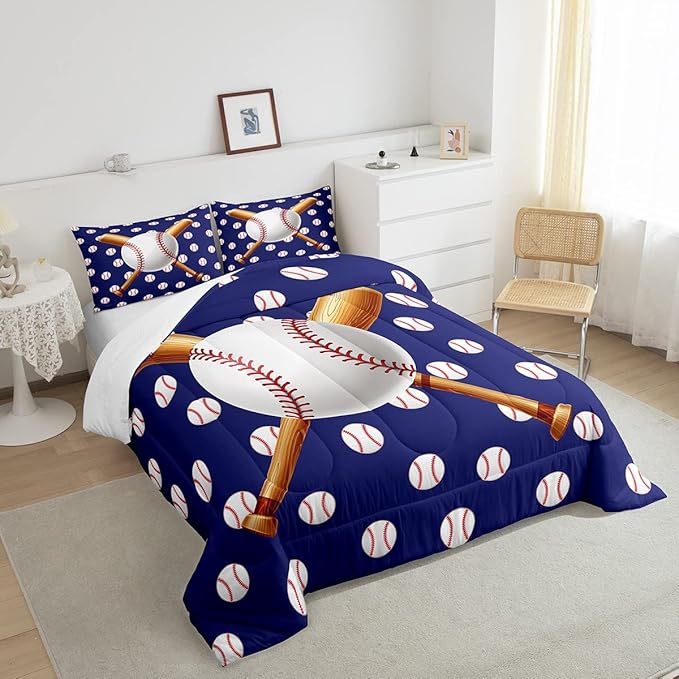 Baseball Comforter Set Sports Theme Bedding Set 3D Ball Pattern Comforter for Children Kids Boys Girls Microfiber Baseball Games Blue Duvet Set Room Decor Quilt Set Baseball Bat Print King Size - LeafyLoom
