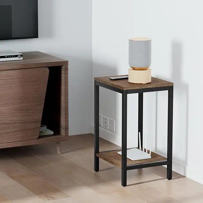 SAYGOER Wood End Tables Small Side Table with Storage Night Stand Metal Frames 2 Tier Bedside Table with Adjustable Feet, 1PCS, Walnut - LeafyLoom