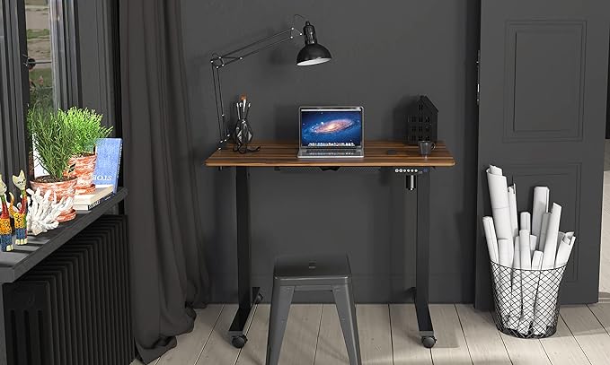 SHW Electric Height Adjustable Mobile Rolling Standing Desk Workstation, 40 x 24 Inches, Walnut - LeafyLoom