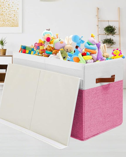Large Toy Storage Box with Lid, Sturdy Toys Storage Chest Bin Organizer Basket with Dividers for Kids, Boys, Girls, Nursery, Closet, Bedroom, Playroom 25"x13" x16" (Pink and White) - LeafyLoom