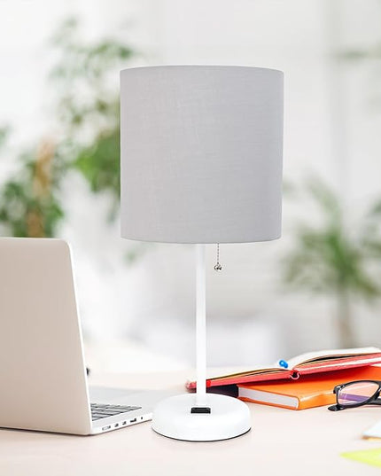 Simple Designs LT1144-GOW Sleek and Slender White Table Lamp with Charging Outlet for Bedroom, Living Room, Entryway, Office, Dining Room, Study, Gray Shade - LeafyLoom
