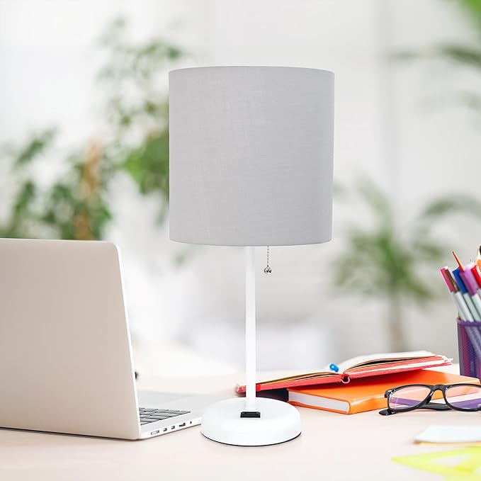 Simple Designs LT1144-GOW Sleek and Slender White Table Lamp with Charging Outlet for Bedroom, Living Room, Entryway, Office, Dining Room, Study, Gray Shade - LeafyLoom