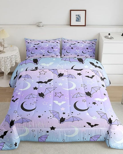 Feelyou Halloween Comforter Rainbow Comforter Set for Boys Girls Children Bat Moon Star Print Bedding Set Halloween Theme Purple Gradient Style Room Decor King Size Duvet Set 3Pcs - LeafyLoom