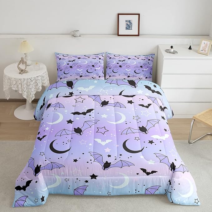 Feelyou Halloween Comforter Rainbow Comforter Set for Boys Girls Children Bat Moon Star Print Bedding Set Halloween Theme Purple Gradient Style Room Decor King Size Duvet Set 3Pcs - LeafyLoom