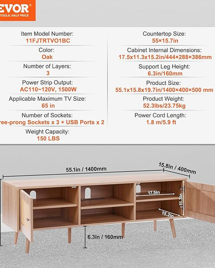 VEVOR Rattan TV Stand, Mid Century Modern TV Stand for 65 inch TV, Boho Rattan TV Cabinet with Build-in Socket and USB Ports, Adjustable Shelfs for Living Room, Media Room, Oak - LeafyLoom