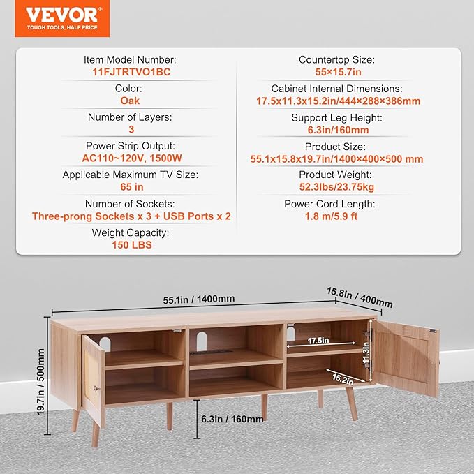 VEVOR Rattan TV Stand, Mid Century Modern TV Stand for 65 inch TV, Boho Rattan TV Cabinet with Build-in Socket and USB Ports, Adjustable Shelfs for Living Room, Media Room, Oak - LeafyLoom