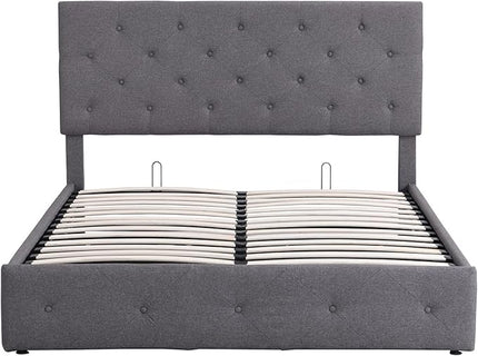 Queen Size Upholstered Platform Bed with Hydraulic Storage System, Lift Up Storage Bed Full Size with Headboard and Button Tufted, Wooden Bedframe for Teens Adults - LeafyLoom