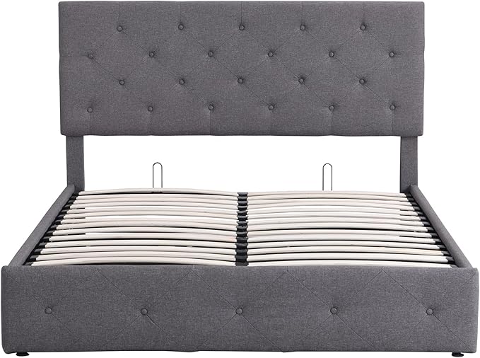 Queen Size Upholstered Platform Bed with Hydraulic Storage System, Lift Up Storage Bed Full Size with Headboard and Button Tufted, Wooden Bedframe for Teens Adults - LeafyLoom