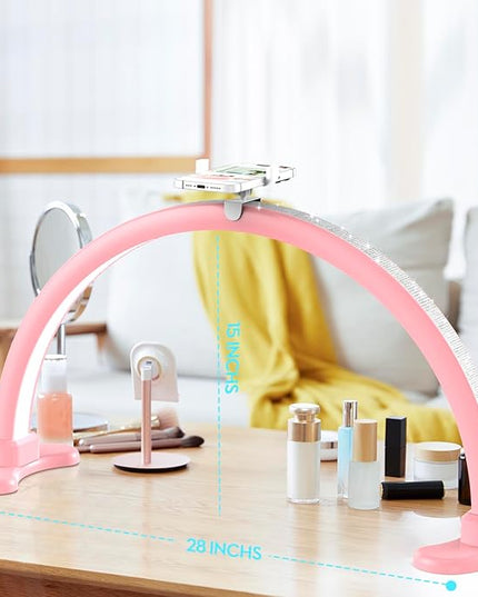Large Super Bright Half Moon LED Light for Table Nail Desk, Professional Nail Lamp for Desk for Nail Techs with Phone Stand Perfect for Nails Tech Manicure - 45W (Pink) - LeafyLoom