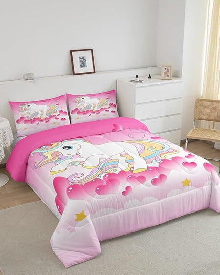 Girls Unicorn Comforter Set Full Girly Fantasy Rainbow Unicorn Bedding Set for Kids Little Girls, Pink Love Heart Duvet Sets Dreamy Horse Cartoon Magical Animal Down Comforter with 2 Pillowcases - LeafyLoom