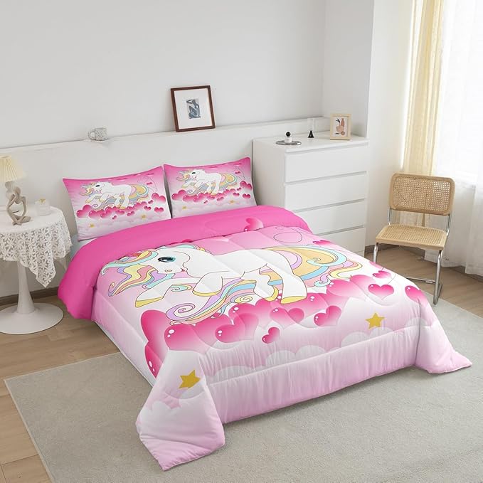 Girls Unicorn Comforter Set Full Girly Fantasy Rainbow Unicorn Bedding Set for Kids Little Girls, Pink Love Heart Duvet Sets Dreamy Horse Cartoon Magical Animal Down Comforter with 2 Pillowcases - LeafyLoom