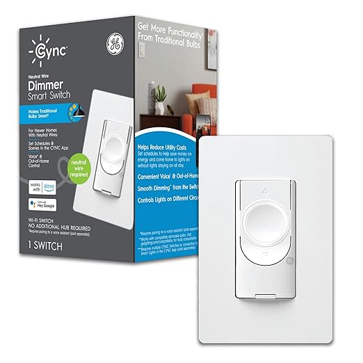 GE CYNC Smart Dimmer Light Switch, Neutral Wire Required, Bluetooth and 2.4 GHz WiFi 4-Wire Switch, Works with Amazon Alexa and Google Home, White (1 Pack) CYNCSmartHome