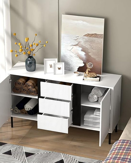 Wide Sideboard Buffet Cabinet Wood Farmhouse Storage Credenza, Coffee Bar Console Table for Kitchen, Dining, Living Room, Hallway, 55.1 x 15.6 x 31.5 in, White - LeafyLoom