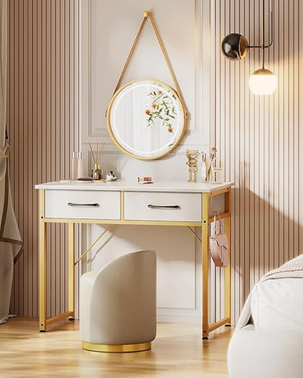 ODK Vanity Desk without Mirror, Makeup Vanity with 2 Fabirc Drawers, White Vanity Dressing Vanity Table with Versatile Hook, 32 Inch Small Vanity for Bedroom, Desk Make Up for Girls, White and Gold - LeafyLoom