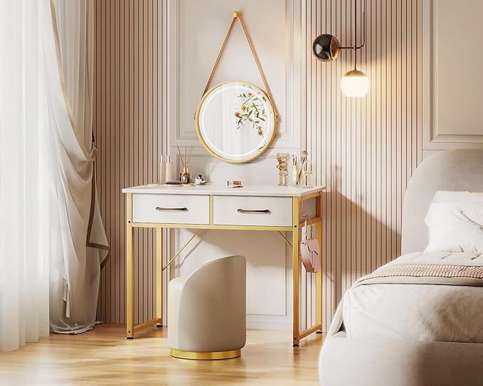 ODK Vanity Desk without Mirror, Makeup Vanity with 2 Fabirc Drawers, White Vanity Dressing Vanity Table with Versatile Hook, 32 Inch Small Vanity for Bedroom, Desk Make Up for Girls, White and Gold - LeafyLoom