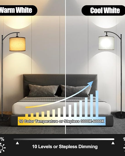 2024 LED Floor Lamps for Living Room, 12W 1200LM Modern Arc Floor Lamp with Remote & Adjustable Linen Lampshade, 12 Color Temperature Stepless Dimmable Tall Standing Lamp for Bedroom Office Reading - LeafyLoom