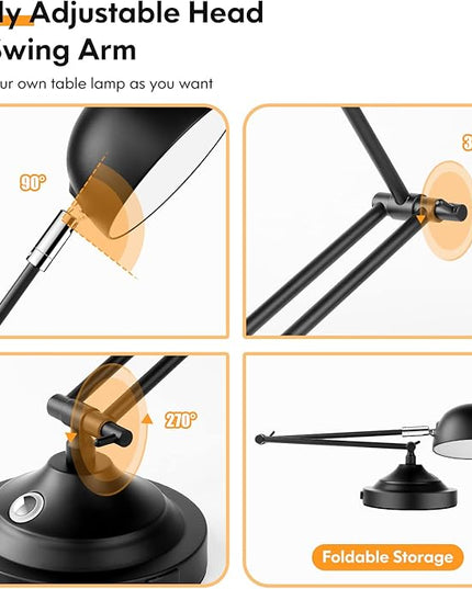 Touch Control LED Desk Lamp with USB Charging Port, Architect Black Metal Lamp with Adjustable Swing Arm, Dimmable Modern Table Lamp for Home Office Reading Study, 3000K/4000K/5000K 3 Color Modes - LeafyLoom