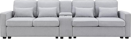 114" Modern Sofa, 4-seat Couch with Console, 2 Cupholders and 2 USB Ports Wired or Wirelessly Charged and 4 Pillows for Living Room, Apartment, 114.2inch, Light Gray - LeafyLoom